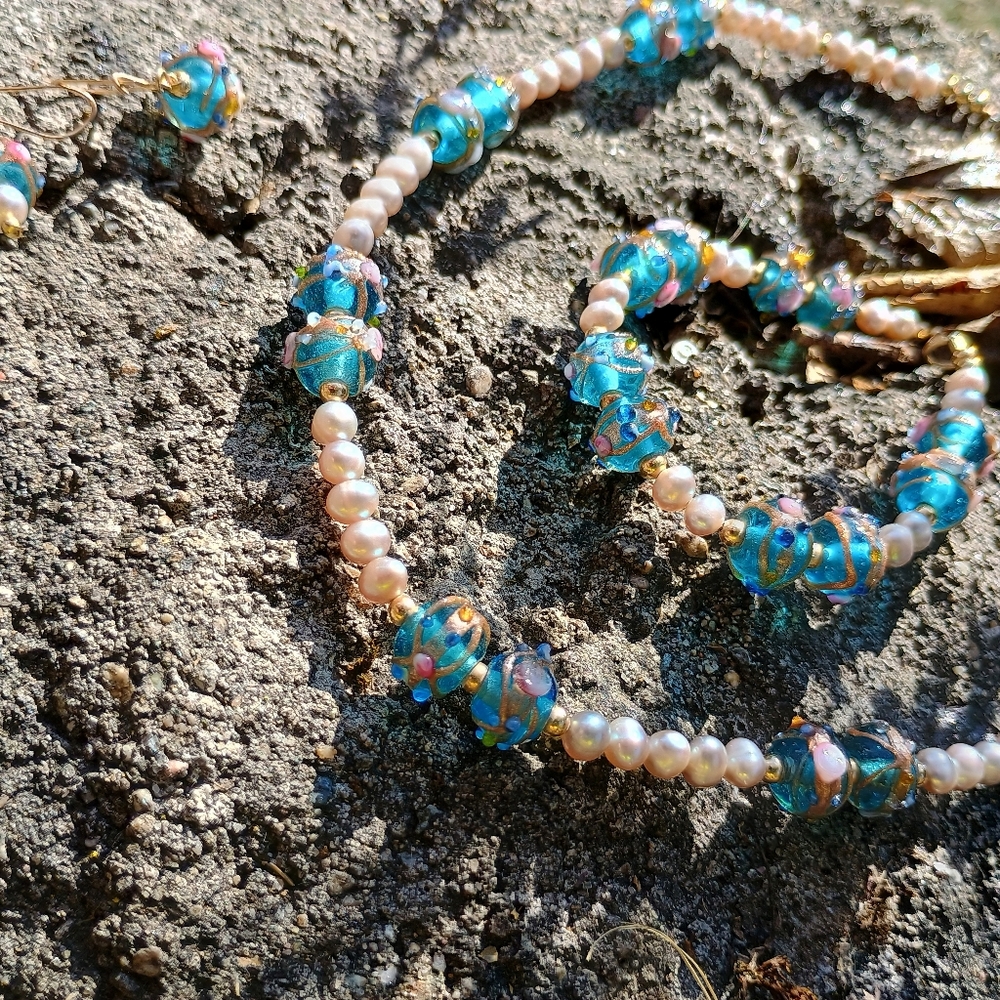 1930-1940s, Artisan Crafted, Venetian wedding cake glass & freshwater Pearl Set